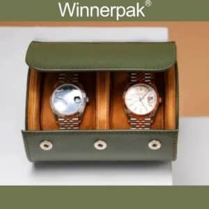 Green leather watch roll with 2 slots and velvet interior lining