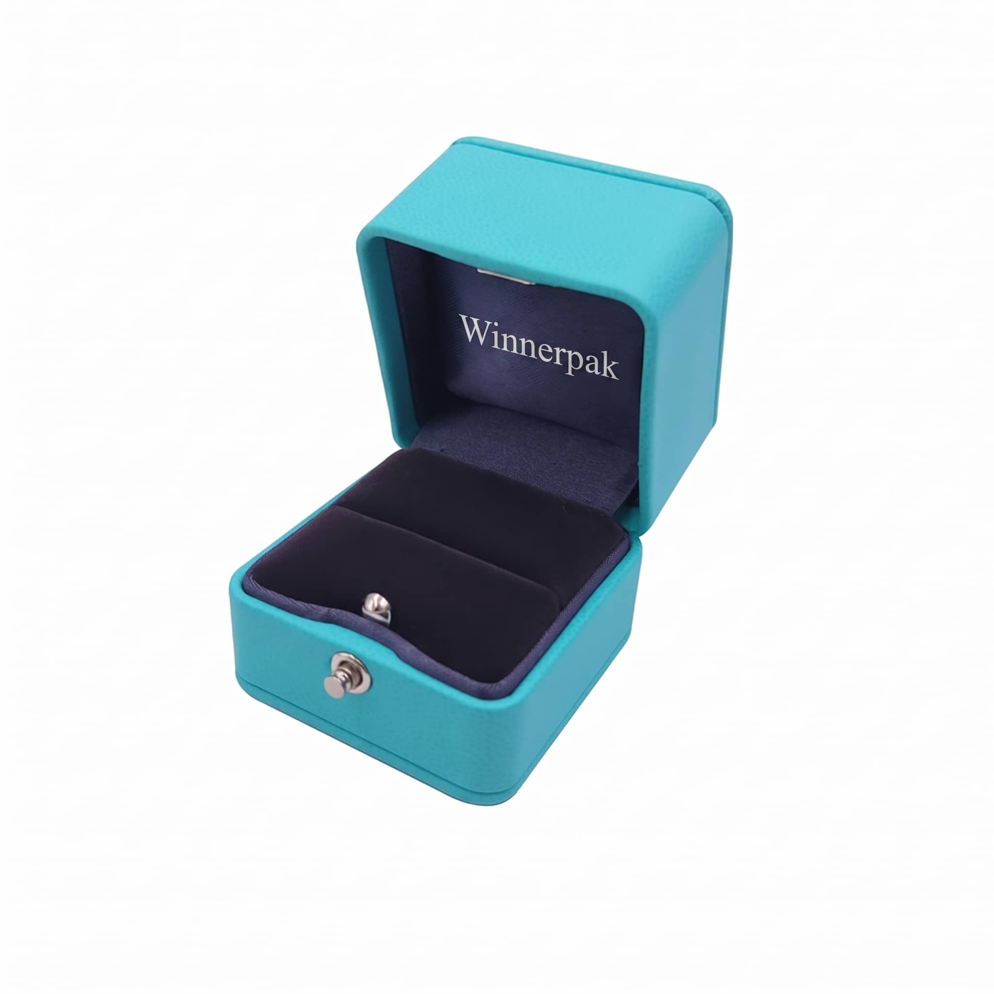 Winnerpak premium jewelry box interior showcasing Winnerpak branding in silver foil lettering on dark velvet lining, luxury gift packaging for jewelry brands, retailers, and gift shops.