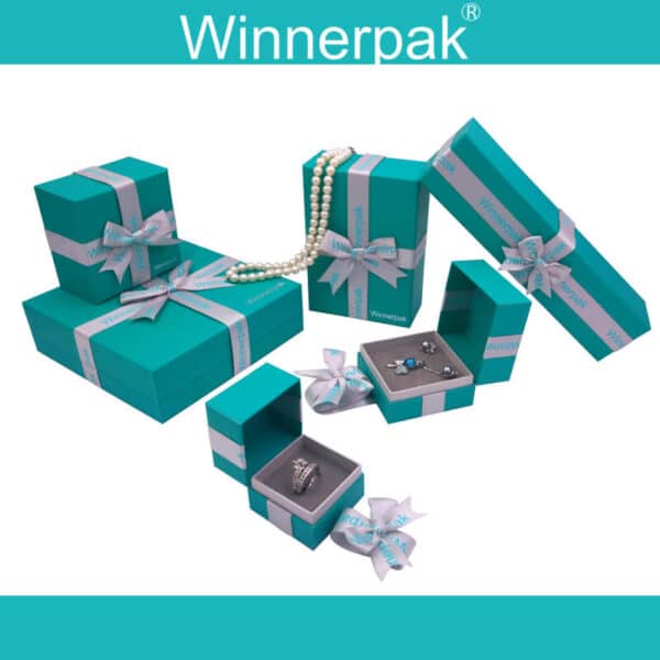 DRLP custom jewelry gift box with magnetic ribbon closure," "Square rigid cardboard jewelry box with logo-printed ribbon