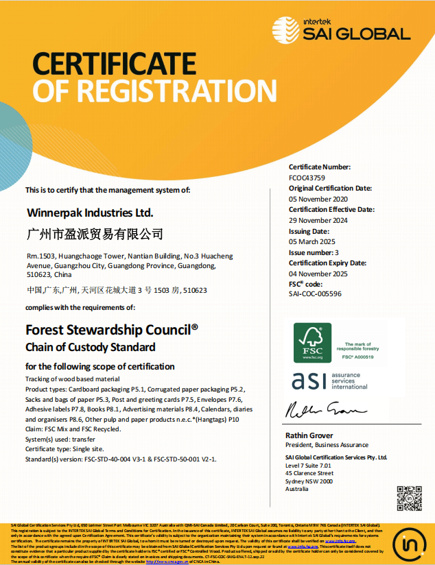 Winnerpak FSC certificate