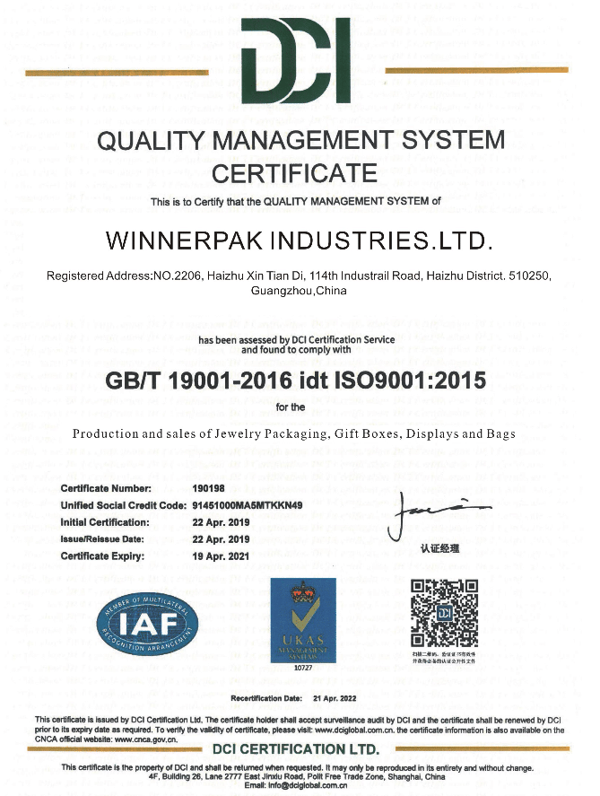 Winnerpak ISO 9001 Certificate