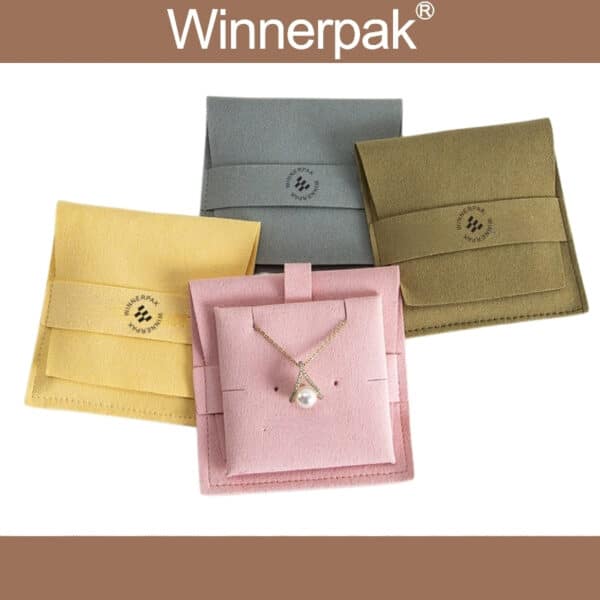 custom microfiber suede velvet pouch with a secure flap-through-strap closure.