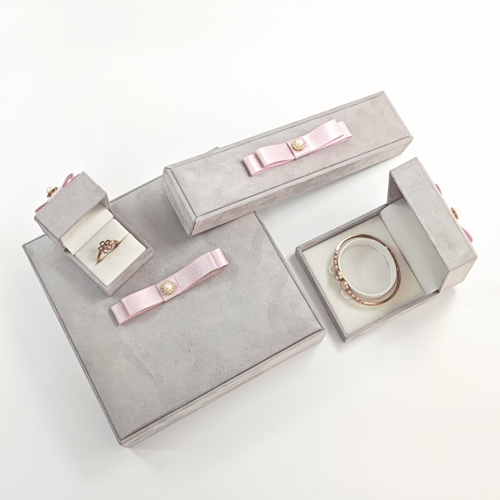 grey suede velvet jewelry box with ribbon bow