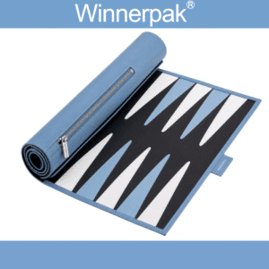 Winnerpak BG-01 backgammon pouch roll open with melamine game pieces, sky blue Saffiano leatherette, black playing surface